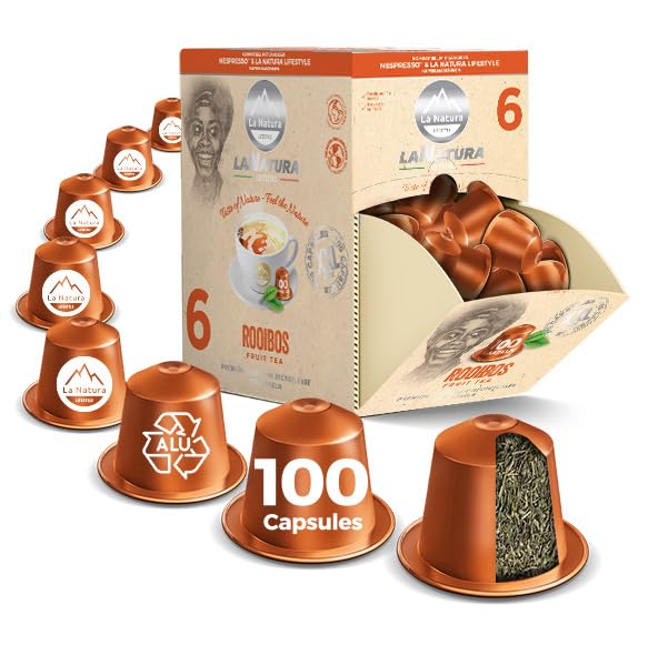 Té premium Roobos, 100 cápsulas de té compatibles con máquinas de cápsulas Nespresso, un té de hierbas suave y sin cafeína, de La Natura Lifestyle