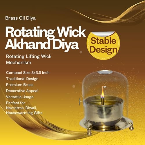 Brass Akhand Oil Diya 3x3.5 inch with Clear Glass Cover | Rotating Lifting Wick | Perfect for Spiritual Decor, Hindu Rituals, Diwali Festive Gifts — photo — 2 of 9