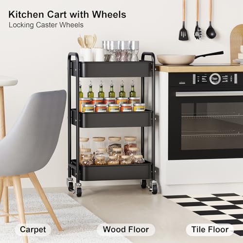 3 Tier Rolling Cart Metal with Lockable Wheels and Cups, Three Tiered Craft Cart Organizer on Wheels, Black Storage Utility Trolley for Art, Snack, Book, Kitchen, Bathroom, Bedside, Laundry Supplies