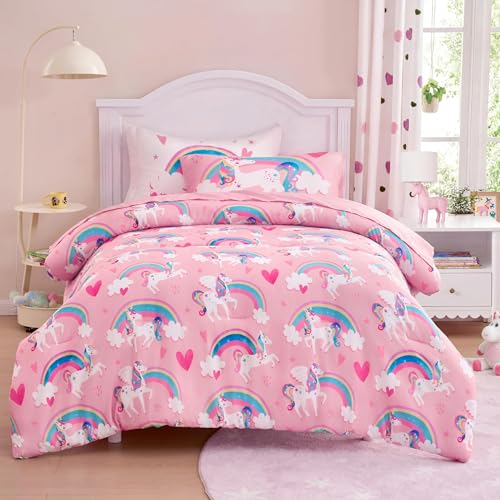 Joiedomi Kids Comforter Set Bedding Set for Boys Girls Super Soft Microfiber Bed in a Bag with Comforter Sheets Pillowcase Sham Pink Unicorn Rainbow Twin