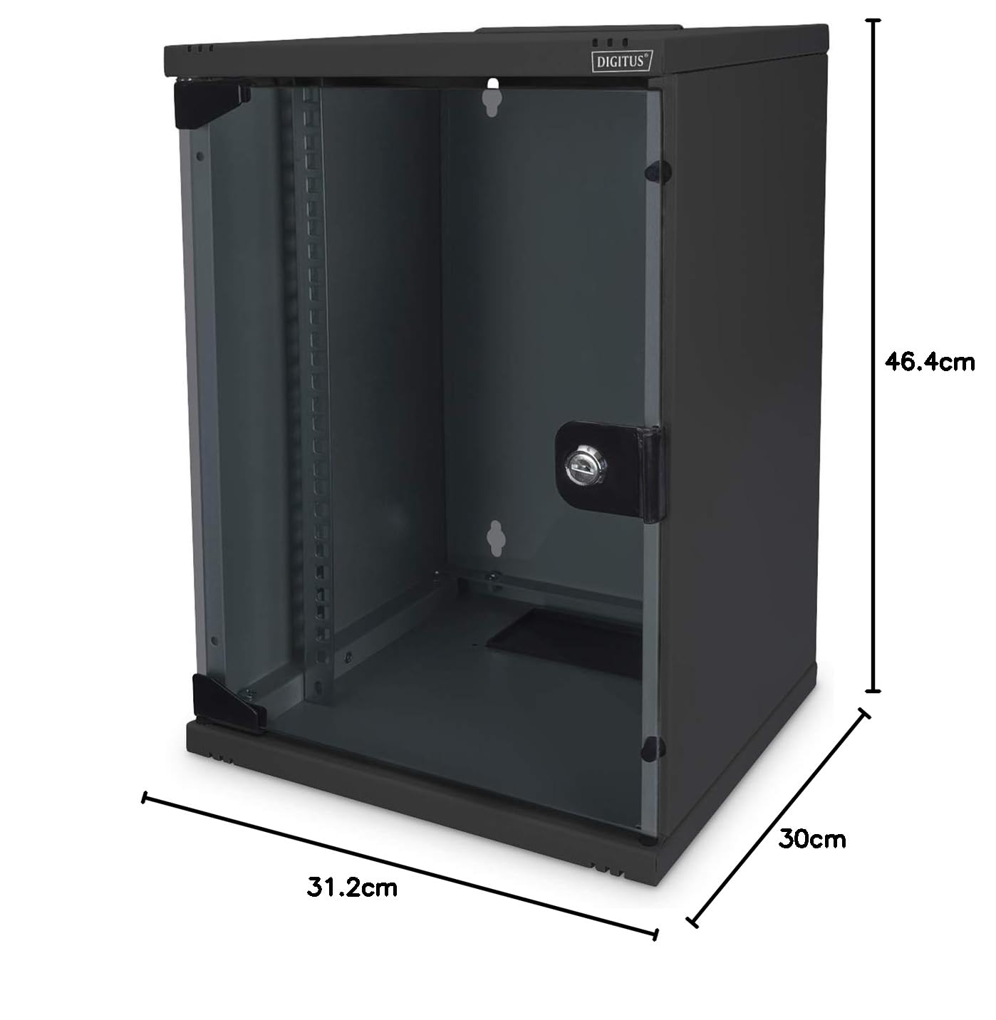 DIGITUS Netzwerk-Schrank 10-Zoll - 9HE - Wandmontage - HxBxT 464x312x300mm - Traglast 30kg - Nutztiefe 240mm - Schwarz | Nutztiefe 240mm – Traglast 30kg – Sicherheitsglastür mit Schloss – Wandmontage – SOHO-Serie