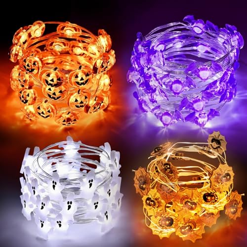 4PCS Halloween Decorations Lights Halloweens Fairy Light 30LED Trick Home Decor Sets Pumpkins Spiders Bats Ghosts in Outdoor Indoor Bedroom