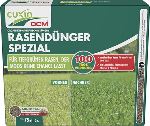 CUXIN DCM Rasendünger Spezial - Langzeit Rasendünger - In MINIGRAN® TECHNOLOGY - Geeignet für Streuwagen - organisch-mineralischer NPK-Dünger- 3 KG für 75qm