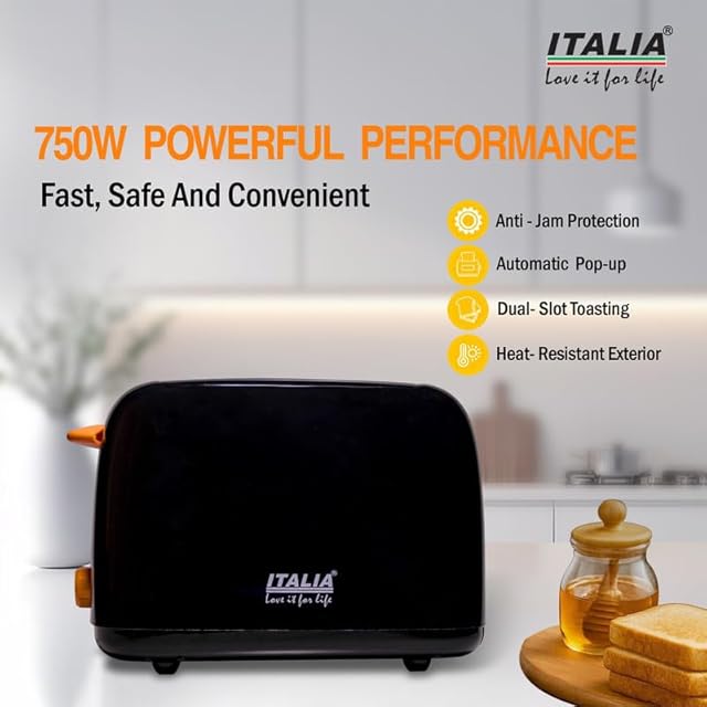 ITALIA 750W 2-Slice Pop-Up Toaster | 6 Browning Settings with Wide Slots & Removable Crumb Tray preview 2