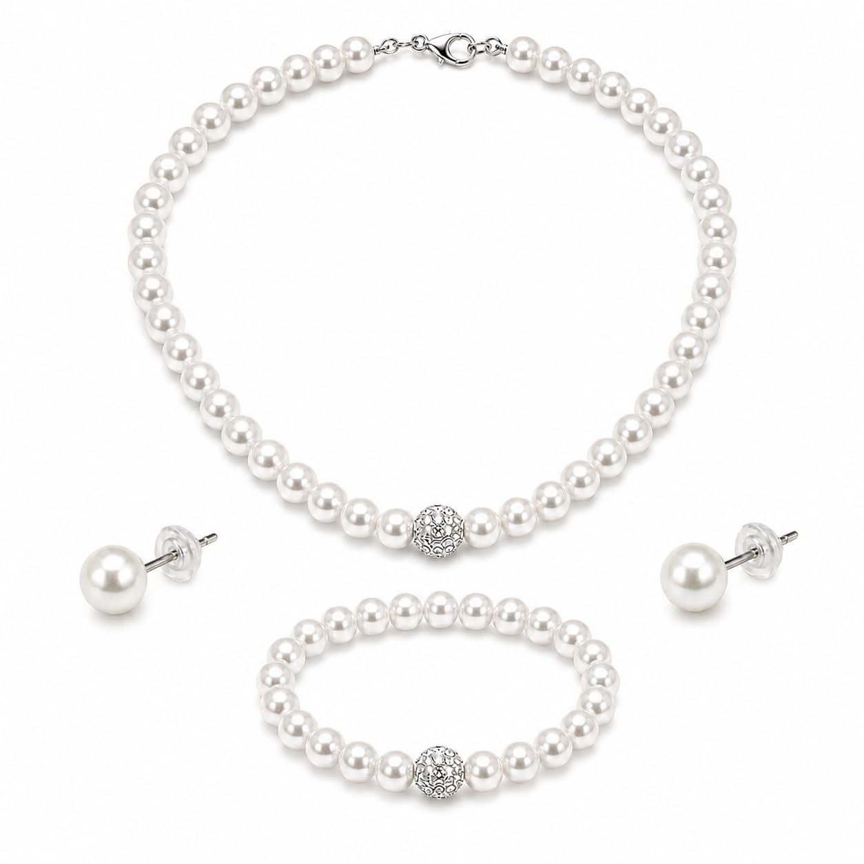 White Pearl Necklace Bracelet Earrings Jewelry Set for Women, Elegant Wedding Bridal Accessories Gift for Anniversary & Festive, Pack of 1-image-34