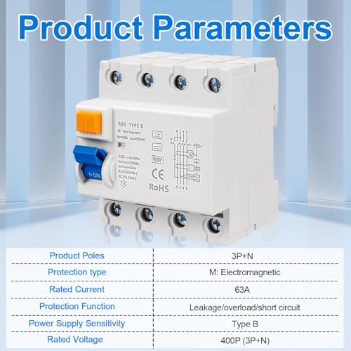 Kocusu FI schutzschalter Typ B, 4-Polig 63A 30mA FI Typ B, DC 6mA Allstromsensitiver FI Typ B FI Schutzschalter Allstromsensitiv, mit Automatischer Sicherung für Wallboxen, Ladesäule, Wechselrichter