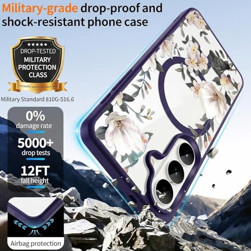 Image of VONZEE Compatible with Samsung Galaxy S26 5G Case Luxury Retro Flowers Floral Clear for Magnetic Wireless Charging Case Shockproof PC+TPU Cute Glossy Shiny Cover for Girls Women, Deep Purple