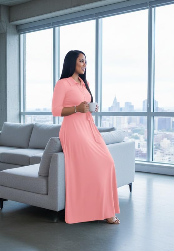 Maxi Dresses for Women Casual V Neck 3/4 Sleeve Long Church Dress Semi Formal Outfits with Pockets - Image 5