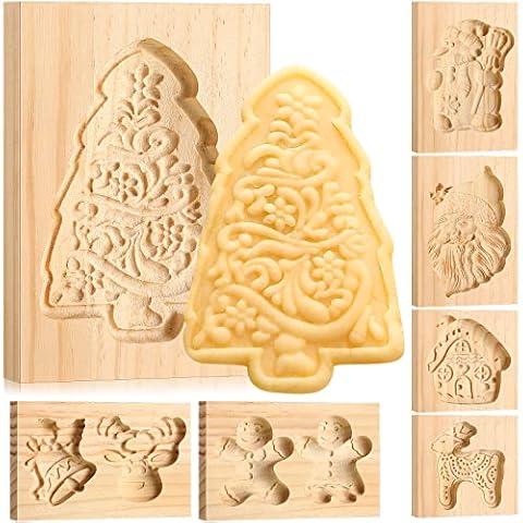 7 Pcs Christmas Wooden Cookie Molds Carved Cookie Stamps for Baking Wood Press Shortbread Mold Funny 3D Embossing Cookie Cutters for Kitchen Biscuit DIY, Santa Tree House Gingerbread Snowman Deer Bell Cover