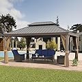Yardsight 12'x16' Hardtop Gazebo with Netting and Curtains, Outdoor Aluminum Frame Pergola, Heavy Duty Metal Double Roof of Galvanized Steel Pavilion for Patio, Backyard, Deck, Lawns