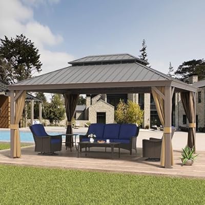 Yardsight 12'x16' Hardtop Gazebo with Netting and Curtains, Outdoor Aluminum Frame Pergola, Heavy Duty Metal Double Roof of Galvanized Steel Pavilion for Patio, Backyard, Deck, Lawns
