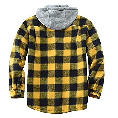 Plaid Jacket Sherpa Fleece Lined Shacket Jacket Men Flannel Hoodie Long Sleeve Shirts Plus Size Shackets Jacket Yellow - Image 3