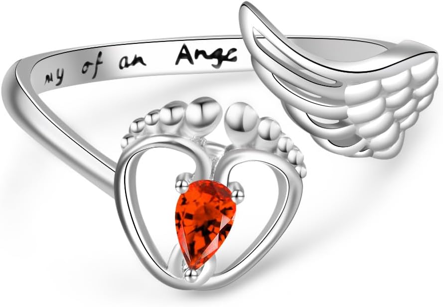Mommy of an Angel Ring Sterling Silver Angel Wings Teardrop CZ Created Birthstone Jewelry Sympathy Gift Stillborn Ring Gift for Women Mother Mom Adjustable Size