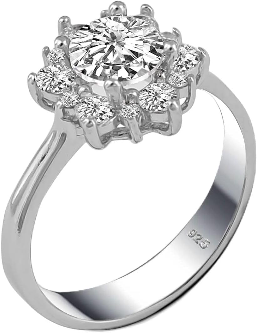 Genuine Solid 925 Sterling Silver with Round brilliant Cut Clear Cz Cubic Zirconia Stone Engagement Wedding Promise Halo Ring Luxury Gift for Women