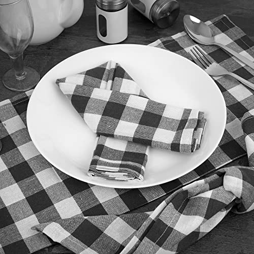Image of FINGERCRAFT Dinner Table Napkins, Pack of 12, Everyday Use, Quality Cotton Buffalo Plaid Cloth Napkins Washable & Reusable 20in x 20in, (Charcoal /White)