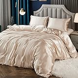Satin Duvet Cover Set Silk Like Bedding Taupe Silky Microfiber Quilt Cover Hotel Silky Bedding Sets Queen 1 Duvet Cover 2 Pillowcases (Queen, Khaki)
