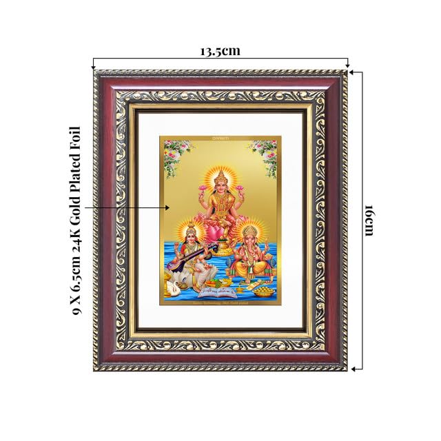 Image of DIVINITI Goddess Lakshmi, Saraswati & Lord Ganesha 24K Gold Plated Foil Wall and Tabletop Photo Frame for Home Decor, Puja Room, Luxury Gifting | DG Frame 105 S1 (16x13.5 CM)