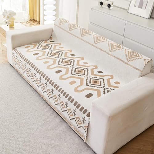 Image of HOMETHREADS Chenille Bohemian Boho Style Sofa Cover | Thick & Soft Luxury Slipcover | Protective, Washable & Stylish Couch Cover for Living Room Decor. (Bohemian Beige, 3 Seater | 180x180cm)