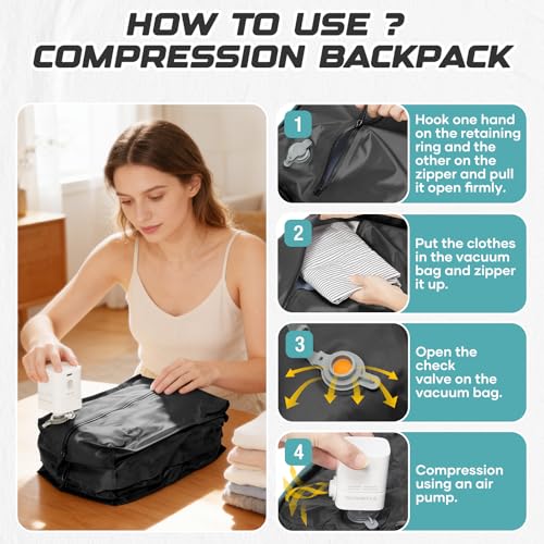 Image of Travel Backpack with Compression Vacuum Storage Bag & Electric Pump, Expandable Flight Approved Carry On Backpack, 18x14x8 inches Personal Item Travel Bag for Men Women, Blue