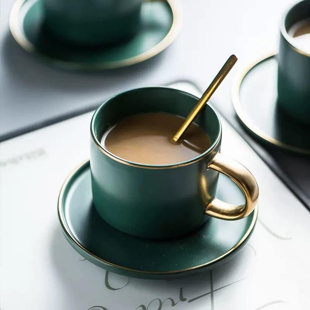Cup And Saucer Set, Ceramic Coffee Mug With Saucer And Spoon Matte Gold Rimmed Afternoon Tea Cup Set Suitable For Coffee, Milk, Tea, 200ML(Dark Green)