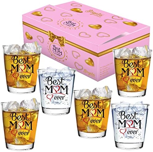 BISYATA Gift for Mom, Mothers Day Gift - Best MOM Ever Shot Glasses - Great Mother Gifts, Mom Birthday Gifts, Mom Christmas Gifts from Daughter and Son - 2oz CLEAR Shot Glass Set of 6 - With Gift Box