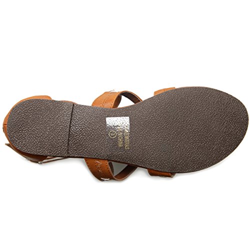 Ollio Women's Shoe Gladiator Strap Flat Zori Sandal M1052 (8 B(M) Us, Brown) #TOP6