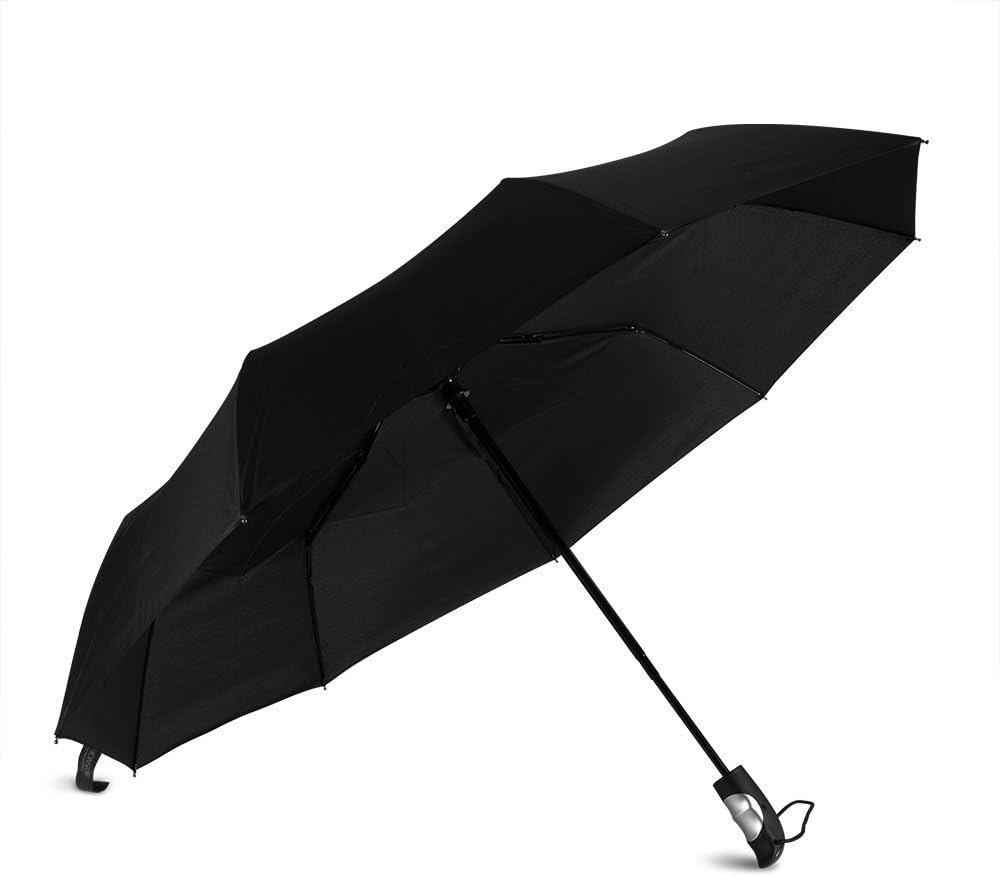 Windproof Compact Automatic Black Travel Umbrella, Auto Open & Close with Comfortable Bent Handle and Carrying Bag, 9 Ribs Reinforced Frame, for Men and Women(1 Year Warranty).