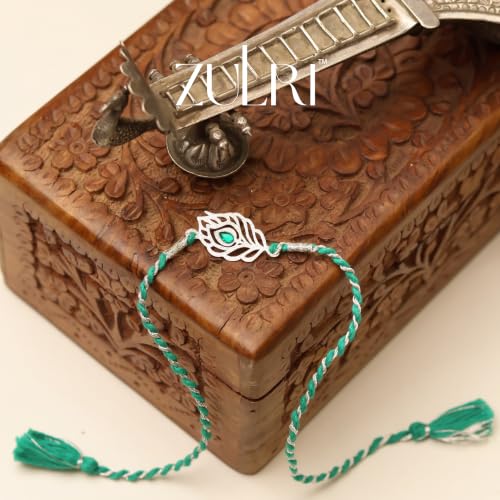 Image of 92.5 Sterling Silver Peacock Feather with Stone Thread Rakhi For Rakshabandhan | Rakhi With Fragrance Greeting Card & Roli Chawal and Silver Certificate of Authenticity