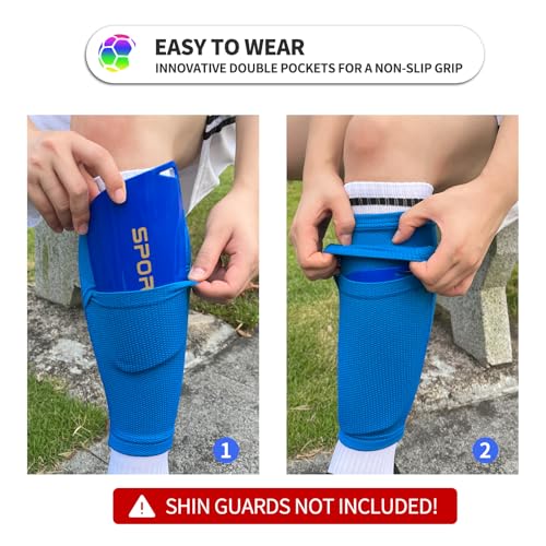 ATHCISE 2 Pairs Kids Youth Soccer Shin Guard Sleeves with Optimized Insert Pocket, Shin Pad Compression Sleeves for 3-15 Years Old Boys Girls Child Teens for Soccer Sport — view 2