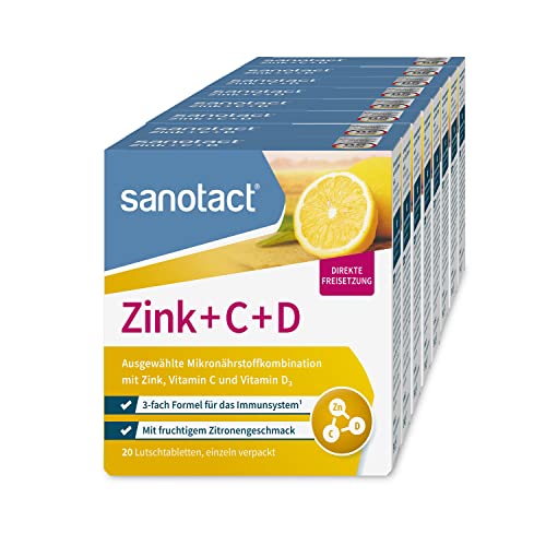 sanotact Zink + C + D (8 x 20 Lutschtabletten) • Zink Tabletten mit Vitamin C & Vitamin D3 • Vitamine für Immunsystem • Immun Vitamine • Fruchtiger Zitronengeschmack