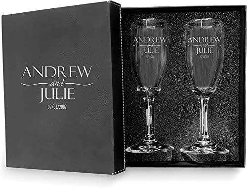 Bride Groom Engraved Champagne Flute Set (2) - Personalized Wedding Toast Glasses