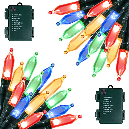 Image of Battery Operated Christmas Lights 2 Pack 18 Feet 50 LED Clear Mini String Lights with 8 Modes Waterproof Tree Lights for Xmas Outdoor Indoor Holiday Party Garden Decor, Multicolor