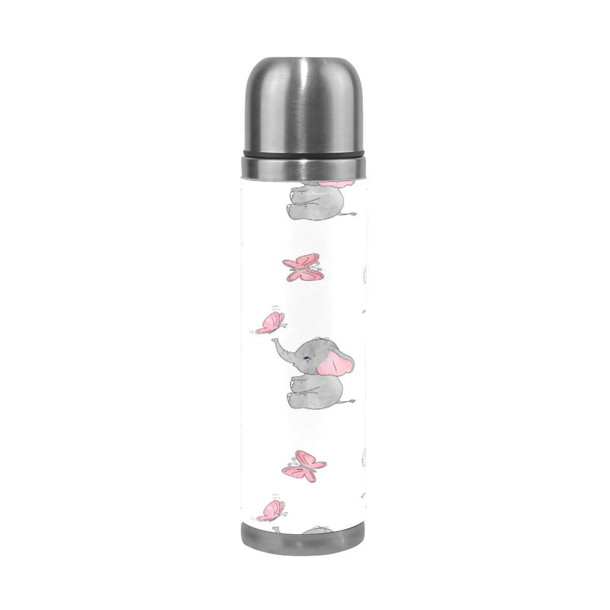 Thermosflasche, Vakuum-isoliert, Edelstahl, doppelwandig, auslaufsicher, Tier-Elefant, Schmetterling, personalisierbar, bedruckt, echtes Leder, 500 ml