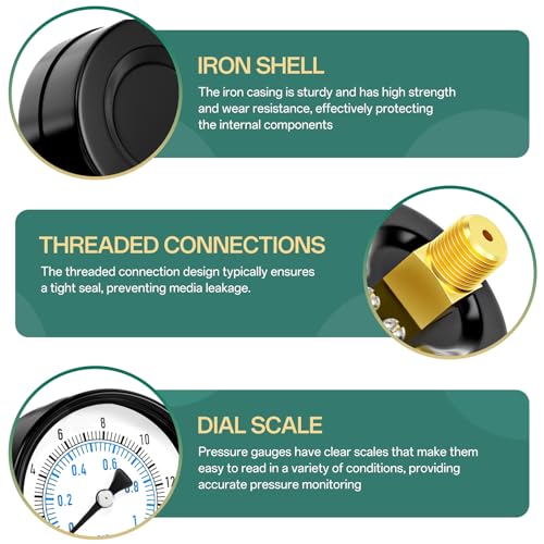 Image of 0-15PSI Well Pump Pressure Gauge 2 inch Dial Size, 1 /4 inch NPT Back Mount, 3-2-3% Accuracy, for Tube, Water Pump, Gas, Liquid, Pressure Test