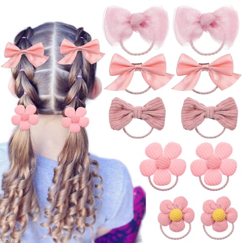 AOZUO 10 unidades de gomas para el pelo rosa con lazo, linda banda elástica para el pelo con lazo,soporte para cola de caballo, cinta, lazo de mariposa, accesorios para mujeres, niñas y niños pequeños