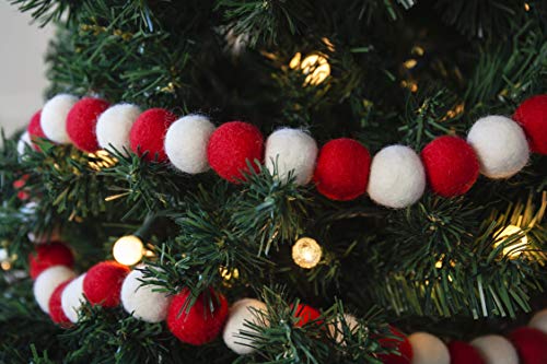 7 Foot Red And White Wool Felt Ball Pom Pom Garland - Vintage Christmas Tree Decor Holiday Party Banner Decoration For Wall, Crafts, Kids Room #TOP2