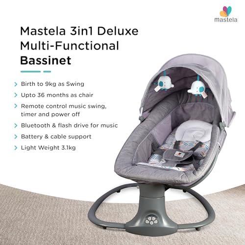 Image of Mastela Automatic Electric Swing Cradle for New Born Baby with Adjustable Swing Speed, Remote | Infant Baby Rocker, with Mosquito Net, Safety Belt, Music, & Toys | Swing for Baby (Grey)