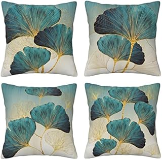 LOHDALOLF Teal Leaves Cushion Covers 45x45 cm Set of 4 Turquoise Ginkgo Leaves Cushion Cases Farmhouse Plant Decorative Pillow Covers for Couch Sofa