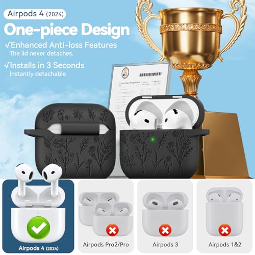 Image of for Airpods 4 Case with Magnetic Lid, Ekoonpft Flower Engraved Cases for Apple AirPods 4th Generation 2024, Soft Silicone Cover for Women Girly with Cleaning Kit & Keychain, Shockproof