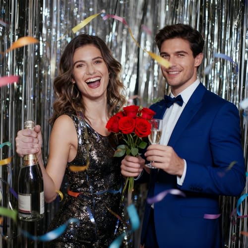 Image of 4 Pack Black Foil Fringe Curtains, Slmeno Glitter Black Tinsel Backdrop 3.3x8.2ft, Metallic Fringe Backdrop Party Streamers for Birthday Halloween Christmas New Years Graduation Party Decorations