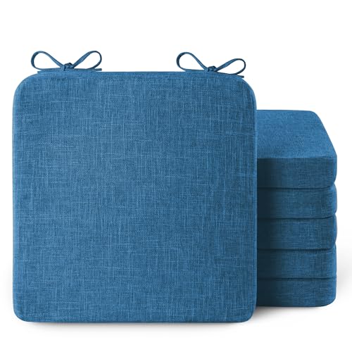 Image of AddGrace Square Chair Cushions for Dining Chairs 6 Pack 16x16x2inch Blue | Non Slip, Removable Cover with Ties, Textured Fabric, for Kitchen Dining Room Indoor, Hard Wooden Chairs, Family Gathering