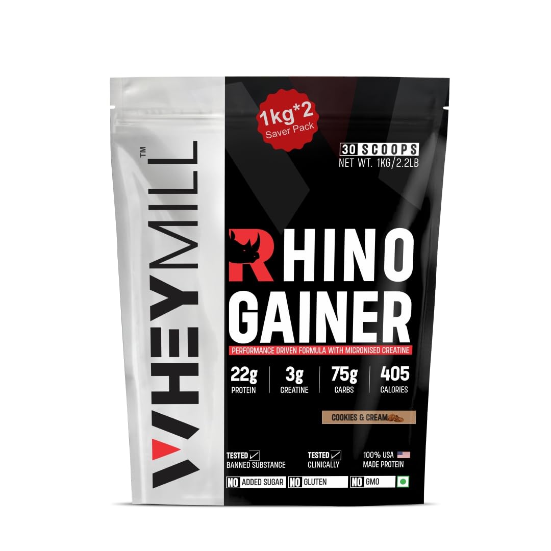 WHEYMILL RHINO Mass/Weight Gainer With Creatine Monohydrate | 2 kg / 4.4 lb | 60 Scoops,380 Kcal, 22g Protein, 3g Creatine | Advance Gaining Formula | Cookies & Cream (B0CKTTCGLK) Amazon Price History, Amazon Price Tracker