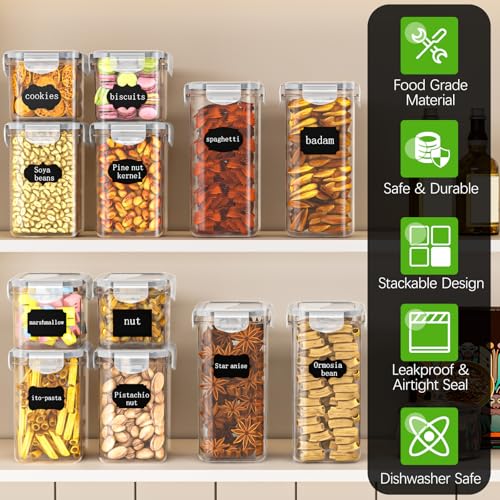 PurKeep Set mit 24 luftdichten Vorratsdosen & Kühlschrank-Organizer, BPA-frei, Küchenaufbewahrungsbehälter für Müsli, Mehl, Zucker, Körner & Backzubehör, 42 Liter großes Volumen inkl. 24 Etiketten