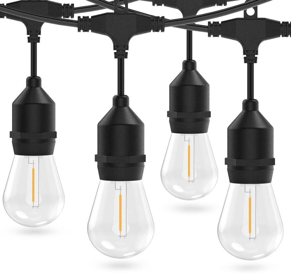 JESLED Solar Lights Outdoor, 33ft 2700K Warm White Party Festoon String Light with S14 12+1 LED Bulbs IP65, USB Solar Charging with 4 Light Mode Hanging Decorative Lamp for Patio Garden Balcony