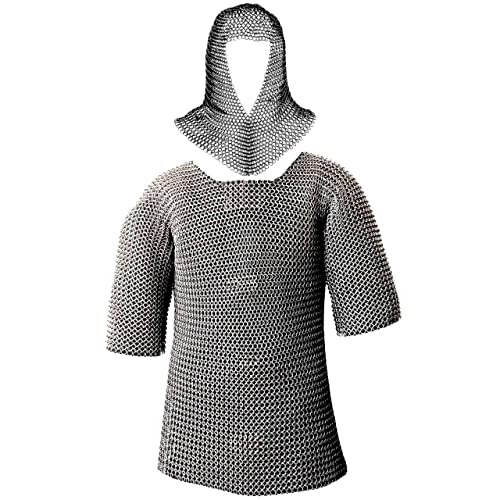 Mythrojan Chainmail Shirt with Coif Medieval Knight Armor Costume Medieval Chain Mail Shirt and Coif Armour Set Reenactment Warrior Haubergeon Historical Chainmail Replica Zinc Plated Medium Size
