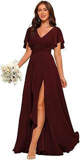 Women's Chiffon Bridesmaid Dresses with Slit 2025 Short Sleeves Formal Evening Dress PU171 - Buy now