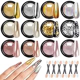 Gold Silver Chrome Nail Powder, 12 Colors Iridescent Holographic Unicorn Chrome Powder for Nails, Metallic Mirror Effect Rose Gold Champagne Nail Powder Pigment Glitter Foils Flakes Nail Art