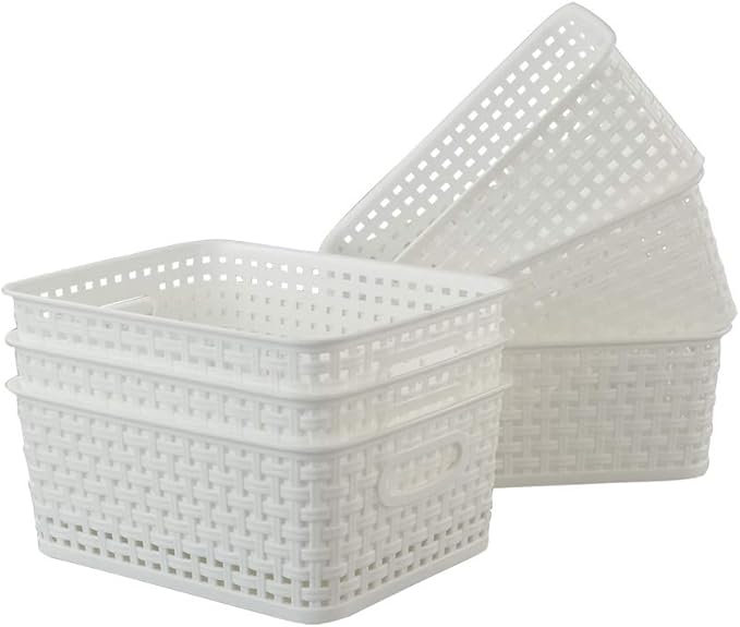 Xowine Set of 6 Plastic Storage Basket, White Kitchen Cupboard Storage