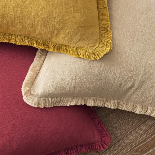Image of MIULEE Boho Linen Fringe Decorative Throw Pillow Covers Burgundy 20x20