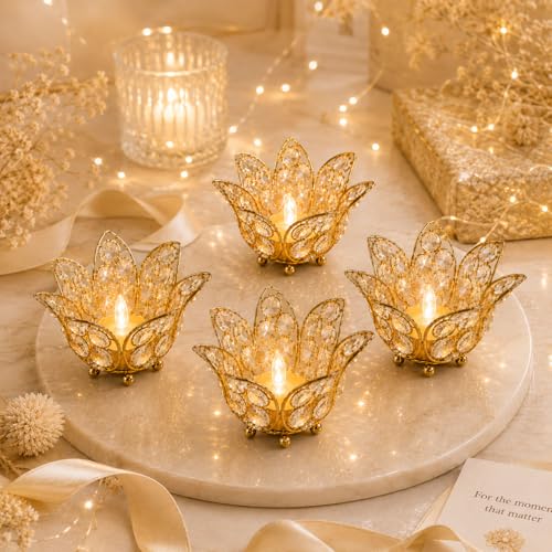 Image of CentraLit Gold Lotus Crystal Decorative Items for Home Decor Living Room Table Decor Showpiece for Home Decor, Wedding Gift, House Warming Gift, Diwali Decoration Jyot, Tealight Candle Holder Set of 4